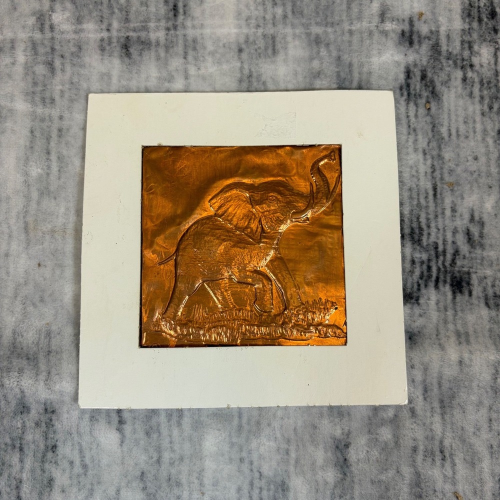 Vintage Copper Relief Elephant Wall Art Embossed Metal Foil Safari Decor 6x6